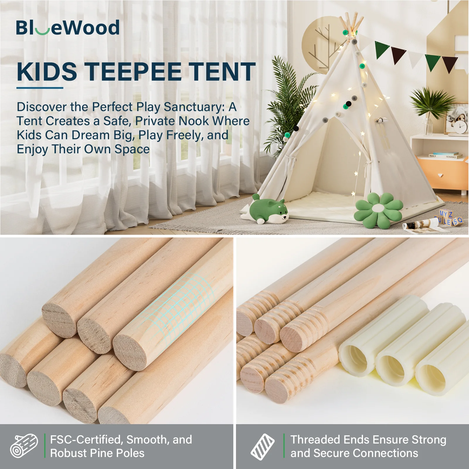 Cocoon - BlueWood® Teepee Tent For Kids with Mat and Accessories [EU ONLY] - Image 4