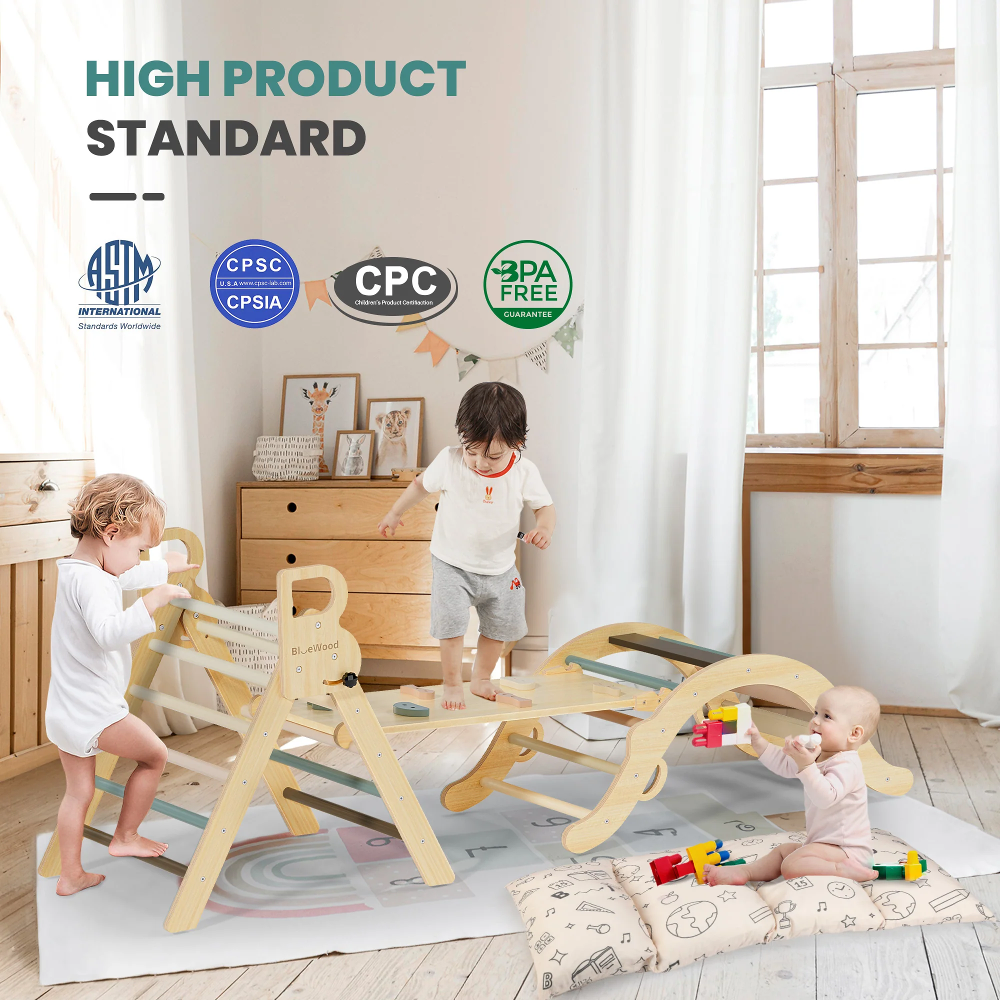 Totsicle - BlueWood® Pikler Triangle Playset with Cushion * Morandi Soft Tones - Image 6